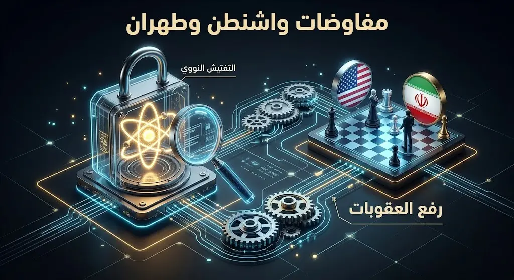 تصميم تعبيري يجسد الترابط المعقد بين عمليات التفتيش النووي ومسار المفاوضات الدبلوماسية بين الولايات المتحدة وإيران.
