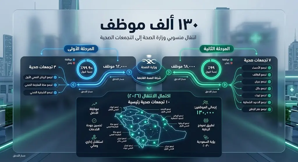 إنفوجرافيك حديث يوضح ارتفاع إجمالي الموظفين المشمولين بالانتقال إلى 130 ألف موظف في 10 تجمعات صحية.