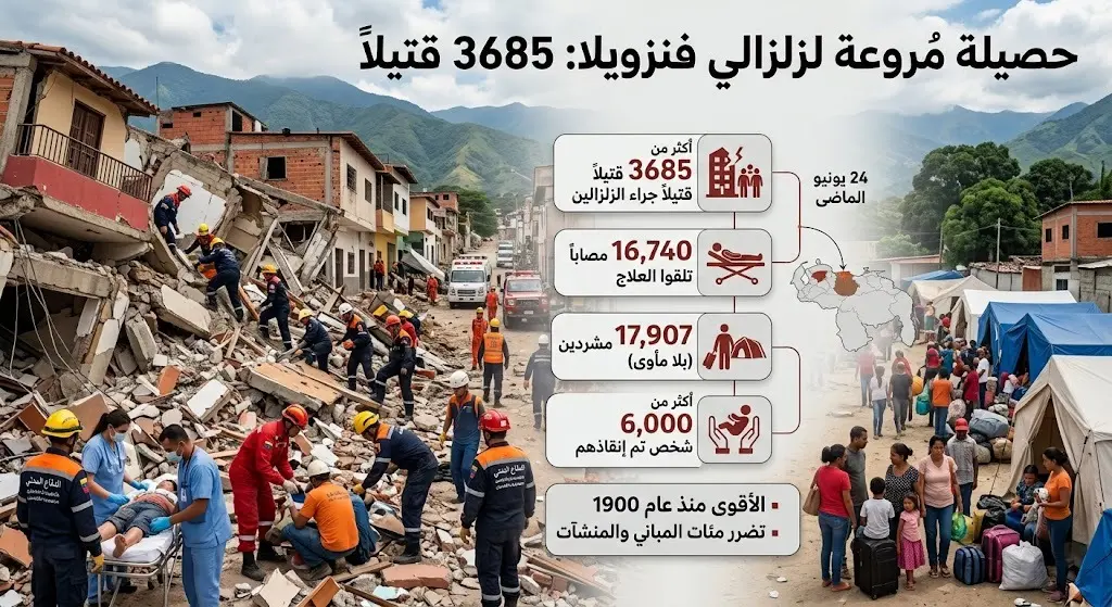 ارتفاع حصيلة ضحايا زلزالي فنزويلا إلى 3685 قتيلا في أقوى هزة أرضية تضرب البلاد منذ عام 1900