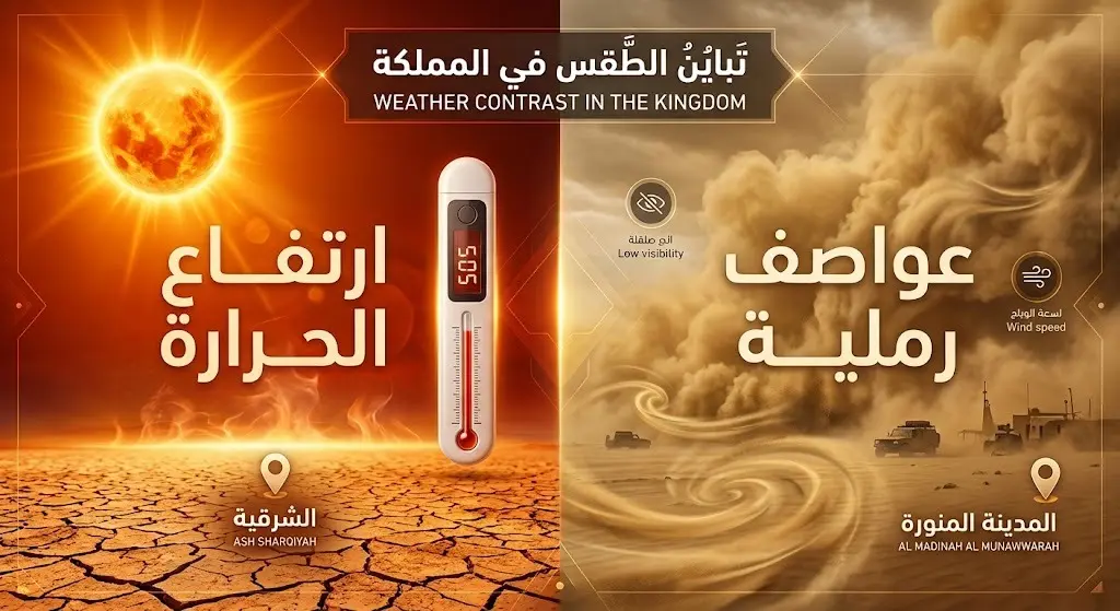 إنفوجرافيك يبرز التباين المناخي بين الارتفاع الشديد في درجات الحرارة والعواصف الرملية في مناطق المملكة.