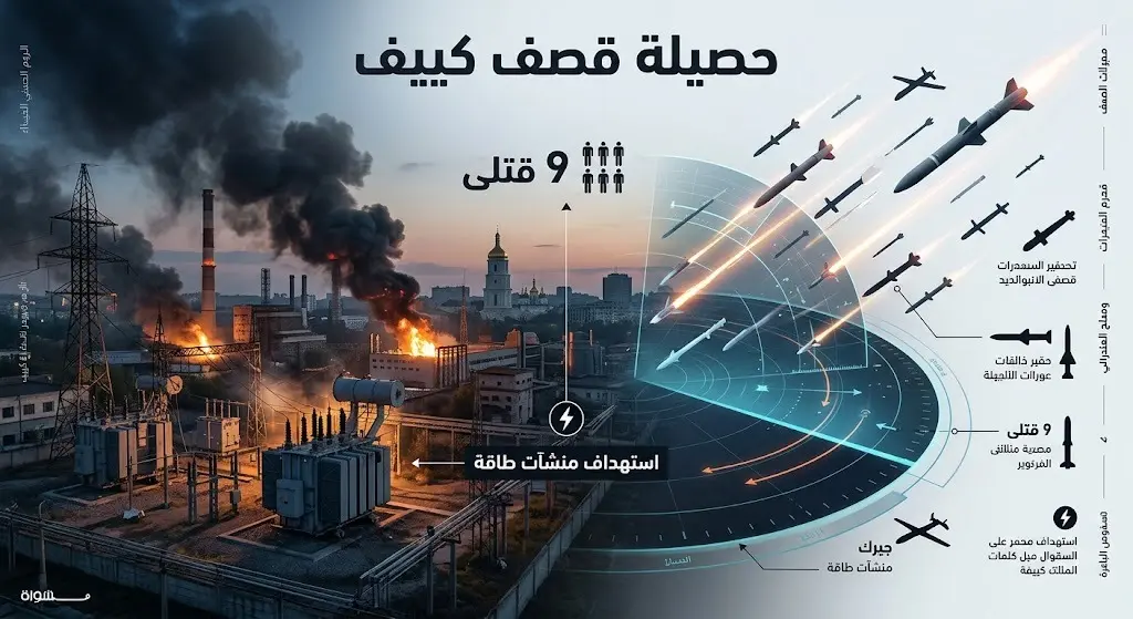 تصميم إنفوجرافيك إخباري يوضح حجم الدمار في منشآت الطاقة والمجمع الصناعي في كييف مع إحصائية لعدد القتلى والضربات الروسية.