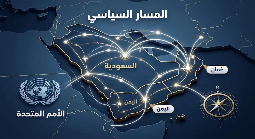إنفوجرافيك يعرض خريطة التنسيق الدبلوماسي المشترك بين سلطنة عمان والمملكة العربية السعودية والأطراف اليمنية والأمم المتحدة.