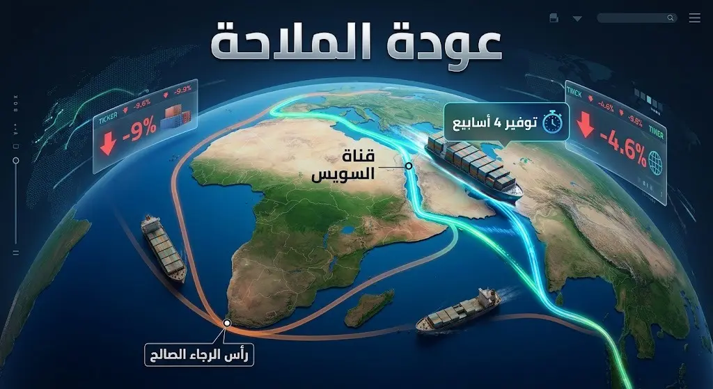 إنفوجرافيك يوضح مسار الشحن البحري عبر البحر الأحمر مقارنة بطريق رأس الرجاء الصالح، مع إبراز توفير الوقت وتأثير الاستئناف على أسهم شركات الشحن.