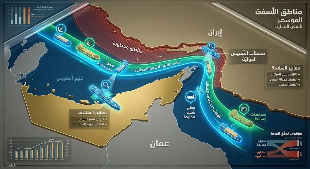 تصميم بصري يوضح مساراً آمناً لعبور السفن التجارية المحايدة وسفن المساعدات الإنسانية عبر مضيق هرمز مع خضوعها للتفتيش.