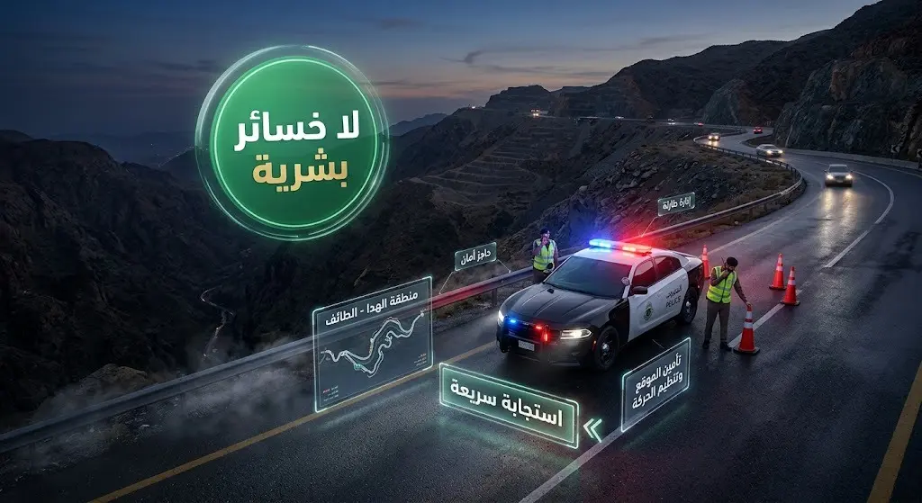 تصميم احترافي يظهر التدخل الميداني السريع لمرور الطائف لتأمين موقع الحادث وتأكيد عدم وجود خسائر بشرية.