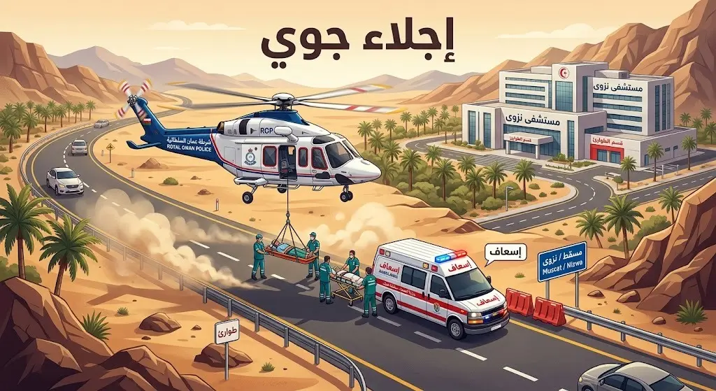 تصميم إنفوجرافيك يوضح عمليات الإجلاء الجوي والنقل بالإسعاف لمصابي الحادث المروري ونقلهم إلى مستشفى نزوى في سلطنة عمان.