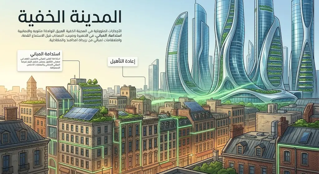 رسم تعبيري يعكس مفهوم المدينة الخفية عبر التركيز على تجديد واستدامة المباني القائمة بجوار ناطحات السحاب.