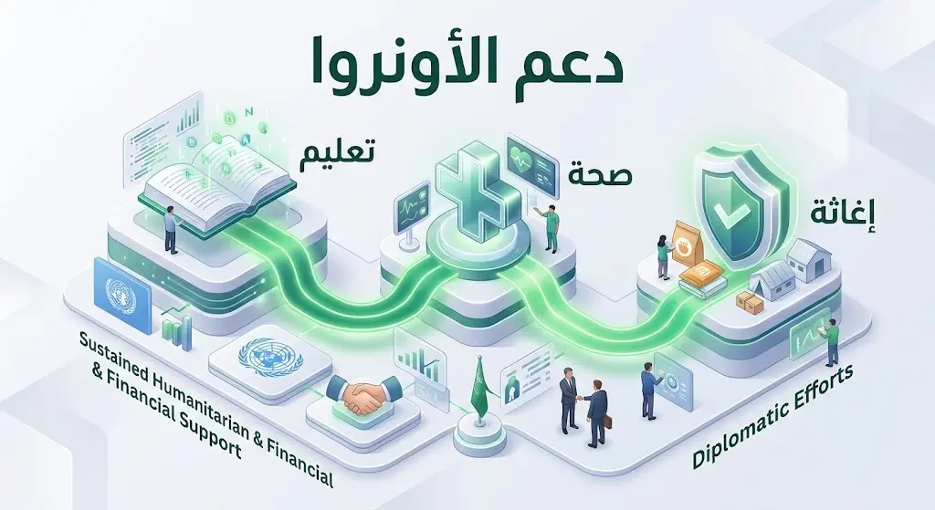 تصميم بصري إبداعي يعبر عن استدامة الدعم الإنساني والمالي لوكالة الأونروا في مجالات الصحة والتعليم والإغاثة.