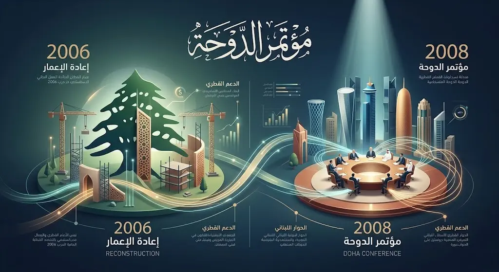 تصميم بصري يستعرض أبرز محطات الدعم القطري للبنان، وتحديداً مرحلة إعادة الإعمار في 2006 ومؤتمر الدوحة 2008.