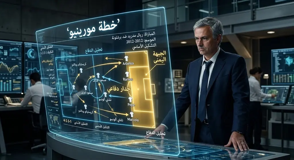 تصميم تكتيكي يظهر المدرب جوزيه مورينيو يراجع خطة دفاع ريال مدريد وتدعيم الجبهة اليمنى عبر شاشة ثلاثية الأبعاد.