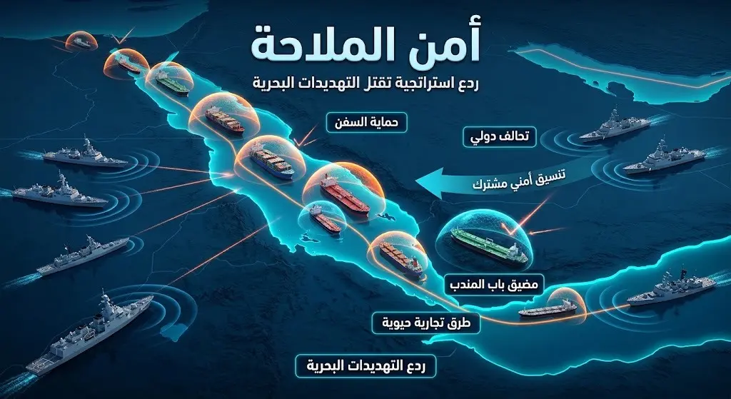 تصميم ثلاثي الأبعاد لخريطة استراتيجية تظهر حماية السفن التجارية في البحر الأحمر بمشاركة دولية، مزود بنصوص عربية توضيحية.