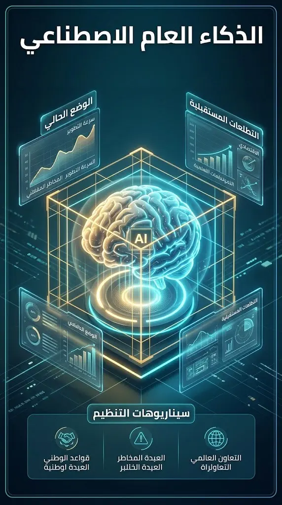 تصميم بصري يستعرض دراسة سدايا حول استشراف حوكمة الذكاء العام الاصطناعي وسيناريوهاته المستقبلية.