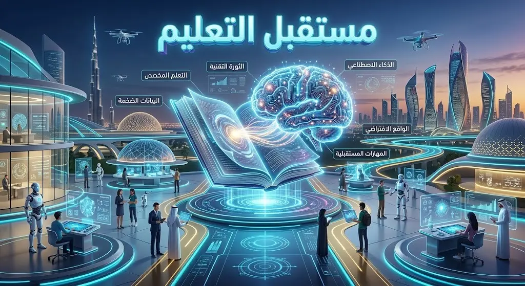 تصميم بصري مبتكر يدمج بين التكنولوجيا المتقدمة والتعليم، تتوسطه نصوص عربية عن مستقبل التعليم والذكاء الاصطناعي.