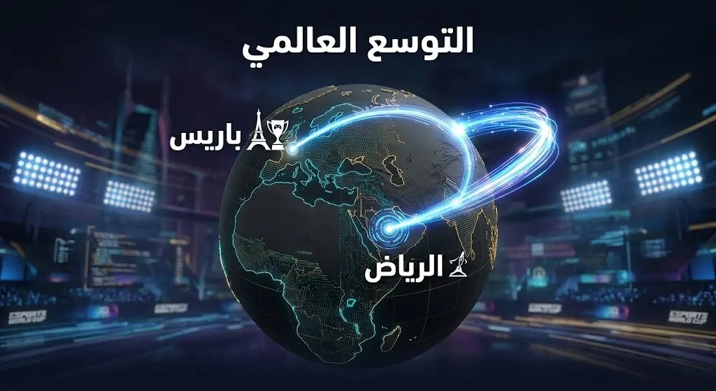 تصميم بصري ثلاثي الأبعاد يبرز خريطة العالم مع خطوط مضيئة تربط بين الرياض وباريس لتمثيل التوسع الجغرافي لبطولة الرياضات الإلكترونية.