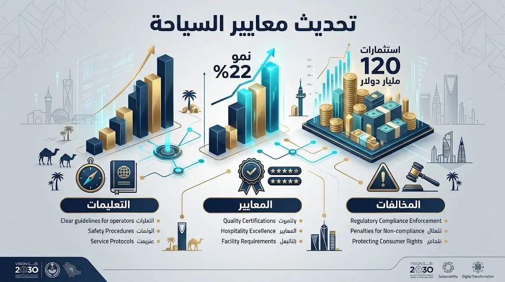 إنفوجرافيك يستعرض التحديثات المقترحة لمعايير الضيافة السياحية، مع إبراز أرقام نمو القطاع بنسبة 22% وحجم الاستثمارات البالغ 120 مليار دولار.
