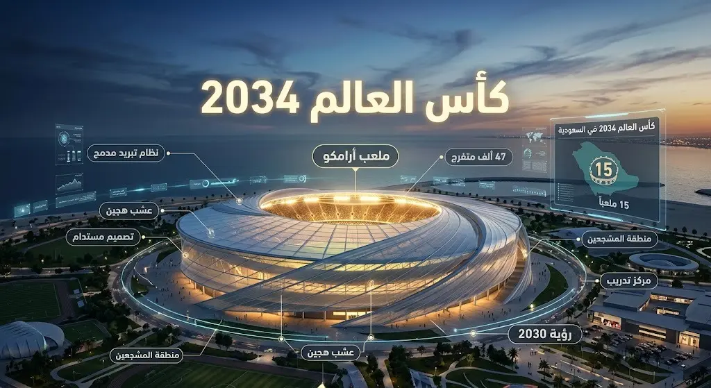 تصميم بصري لملعب أرامكو في الخبر مع إحصائيات حول استعدادات السعودية لبطولة كأس العالم 2034