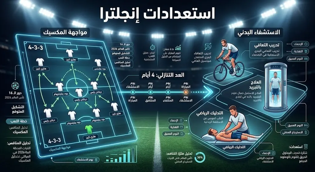 تصميم إنفوجرافيك رياضي يبرز استعدادات منتخب إنجلترا وخطط الاستشفاء البدني والتحضير الفني قبل مباراته القادمة ضد المكسيك.