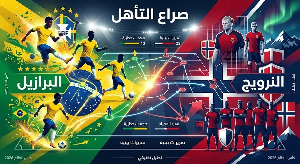 تصميم بصري يبرز الاستعدادات والتكتيكات المتباينة لمنتخبي البرازيل والنرويج في دور الـ 16.
