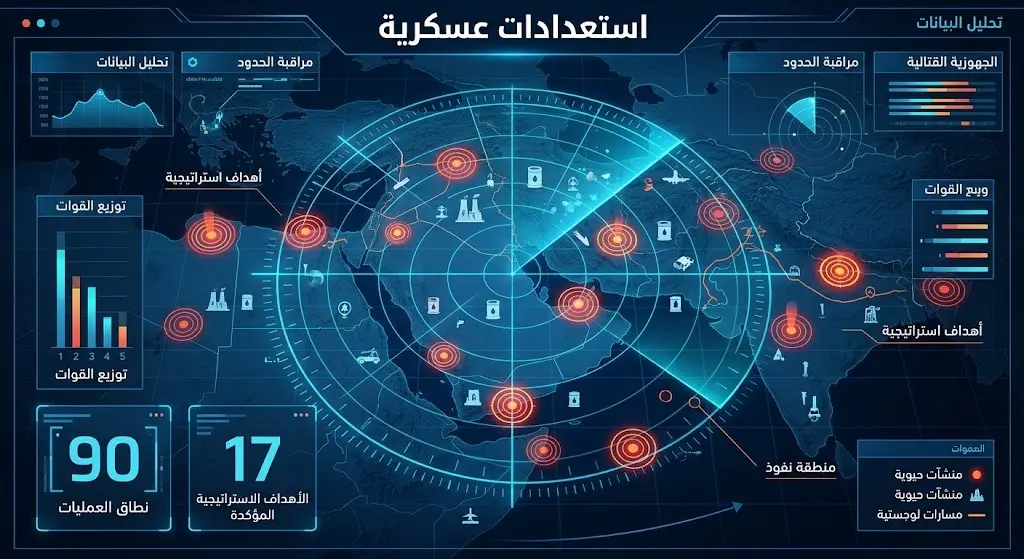 لوحة قيادة استراتيجية عسكرية توضح الاستعدادات الإسرائيلية والأمريكية لشن عمليات جديدة ضد أهداف إيرانية.