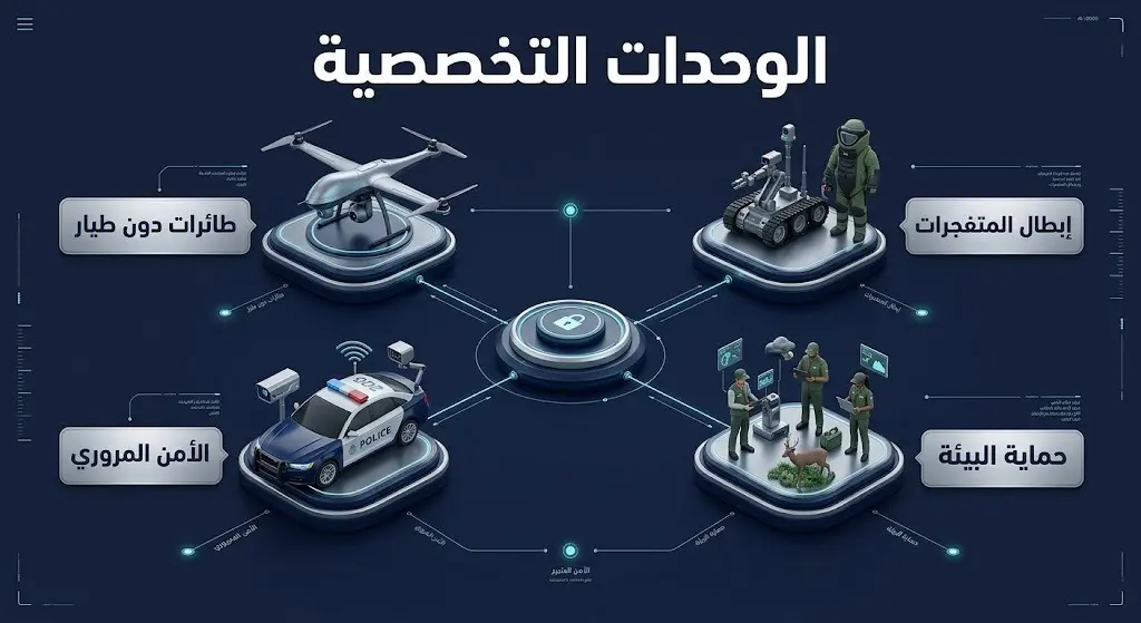 إنفوجرافيك يوضح التقنيات الحديثة والوحدات التخصصية للحرس المدني الإسباني كالطائرات دون طيار وإبطال المتفجرات.
