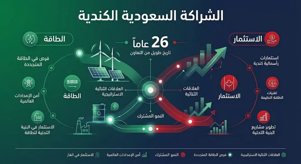إنفوجرافيك إخباري احترافي يبرز مجالات التعاون والشراكة الاستراتيجية بين السعودية وكندا في قطاعي الطاقة والاستثمار.