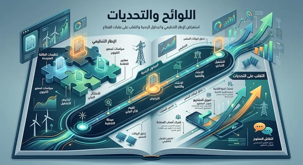 تصميم بصري يستعرض اللوائح الخاصة بمقدمي خدمات الطاقة والتحديات المرتبطة بالقطاع والجداول الزمنية.