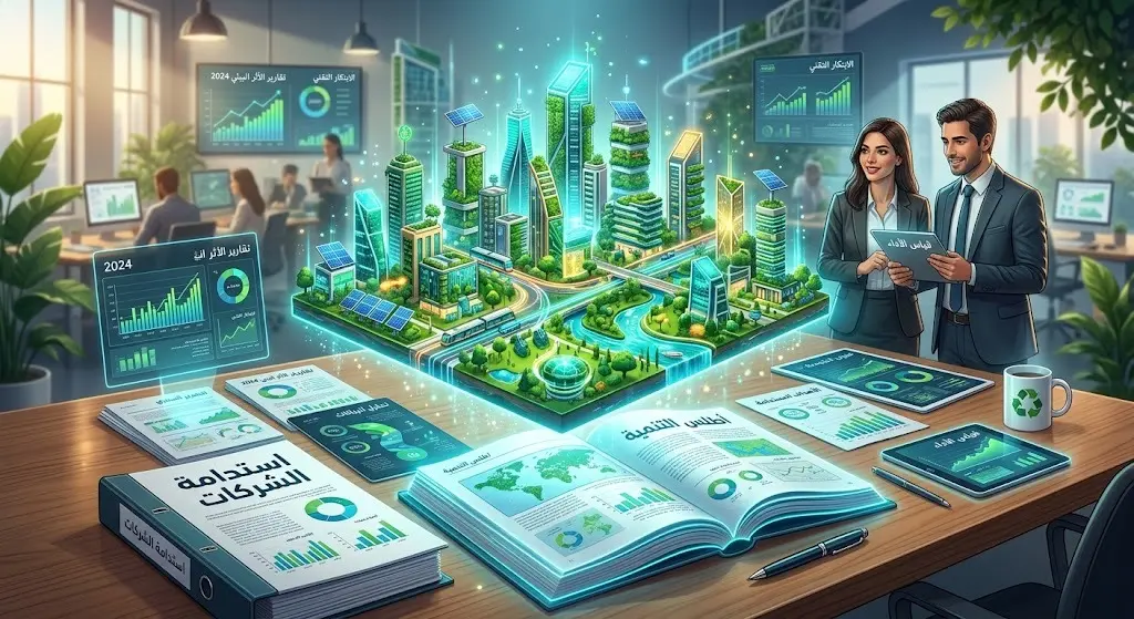تصميم تخيلي يجسد انبثاق مدينة ذكية ومستدامة من صفحات أطلس التنمية وتقارير استدامة الشركات بأسلوب تقني ومستقبلي.