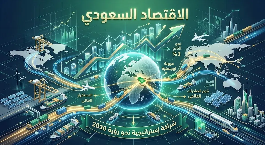 إنفوجرافيك ثلاثي الأبعاد يبرز مرونة الاقتصاد السعودي وتكامله اللوجستي مع تسجيل نمو بنسبة 3% في الناتج المحلي.