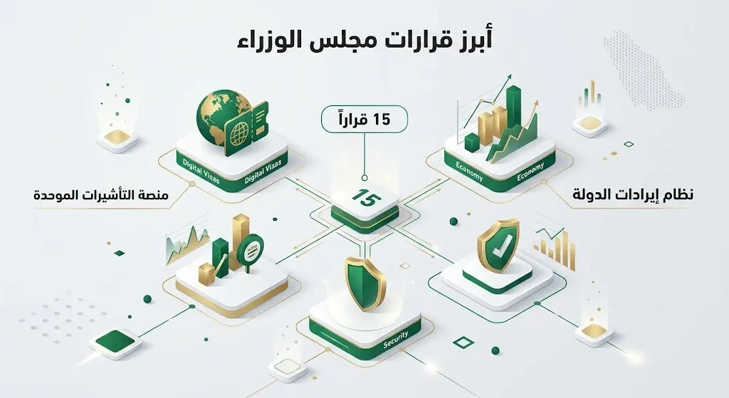 إنفوجرافيك احترافي يوضح أبرز قرارات مجلس الوزراء السعودي، بما في ذلك اعتماد 15 قراراً، إنشاء منصة التأشيرات الموحدة، وإقرار نظام إيرادات الدولة.