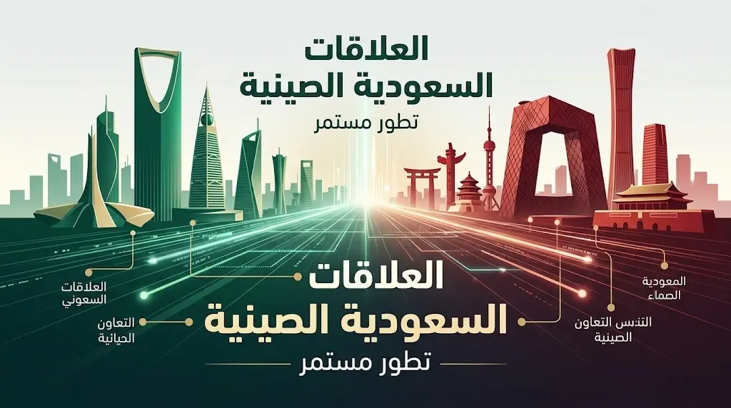 تصميم إبداعي يدمج بين معالم الرياض وبكين بخطوط اتصال مضيئة تعكس تطور العلاقات السعودية الصينية، مع نصوص عربية واضحة متصلة.
