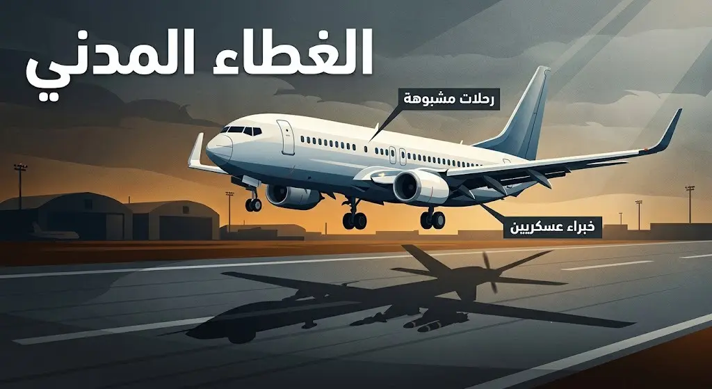 تصميم تعبيري يظهر طائرة مدنية تعكس ظلاً لطائرة عسكرية مسيرة، في إشارة لاستغلال الطيران المدني لنقل الأسلحة والخبراء.