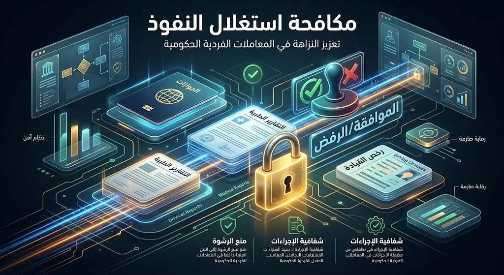 رسم تعبيري يظهر إحباط محاولات التلاعب واستغلال النفوذ في المعاملات الفردية كالجوازات والرخص