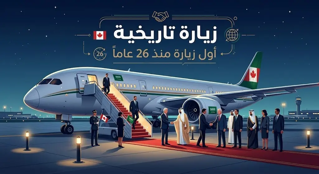 تصميم فني يجسد الاستقبال الرسمي لرئيس وزراء كندا في مطار الملك عبدالعزيز بجدة، مع إبراز الأعلام السعودية والكندية وعبارة تسلط الضوء على الزيارة التاريخية.