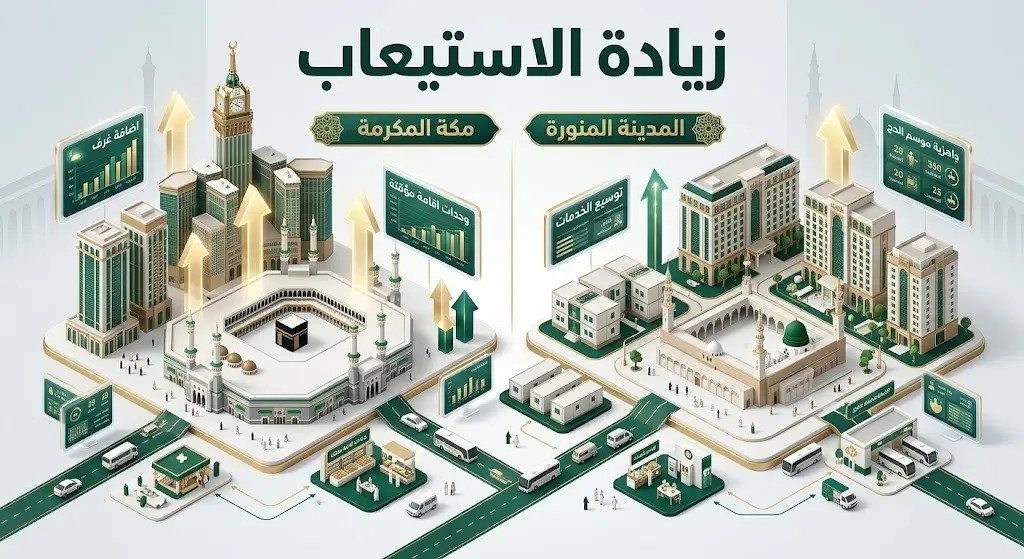 تصميم بياني يوضح إطلاق خدمة زيادة الطاقة الاستيعابية لمرافق الضيافة في مكة المكرمة والمدينة المنورة استعداداً لموسم الحج القادم.