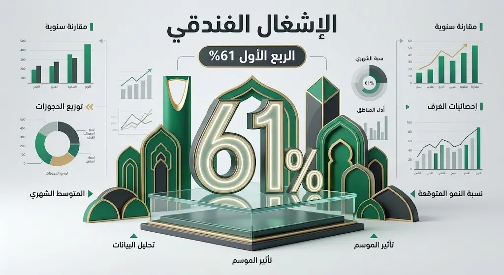 تصميم بياني يبرز استقرار نسبة الإشغال الفندقي في المملكة العربية السعودية عند 61% خلال الربع الأول.