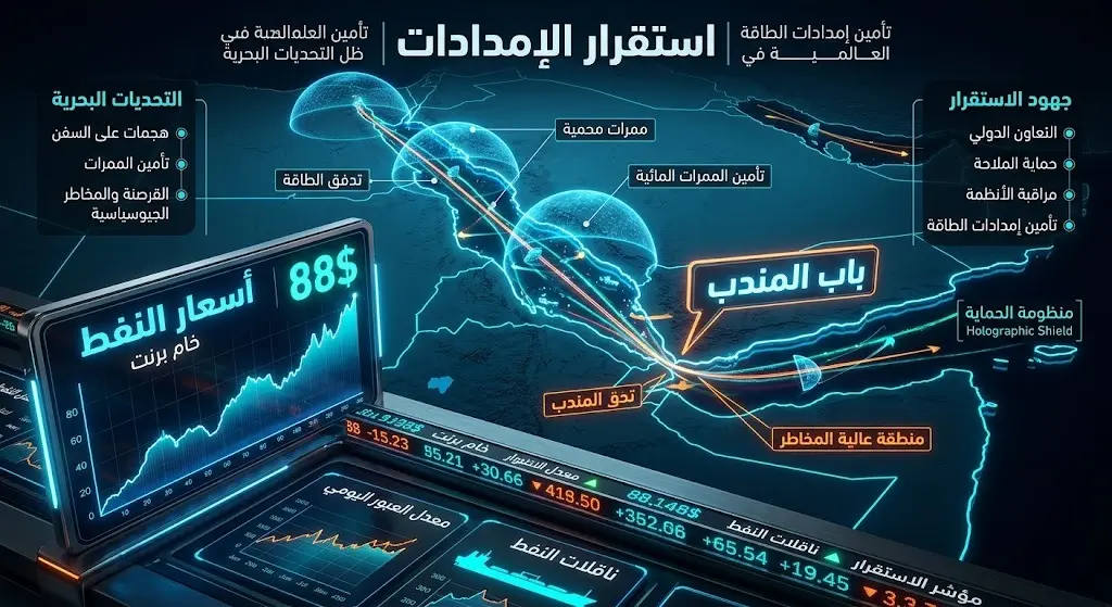 تصميم ثلاثي الأبعاد يبرز أهمية تأمين خطوط الملاحة في مضيق باب المندب وانعكاسات التوترات على أسعار النفط العالمية.