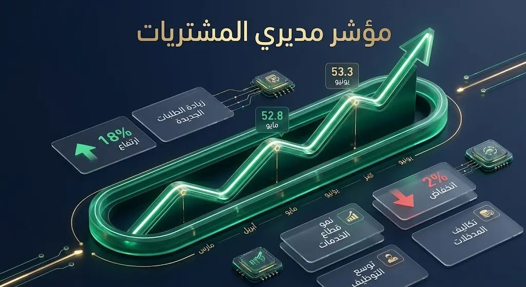 إنفوجرافيك يوضح نمو مؤشر مديري المشتريات في السعودية لشهر يونيو واستقرار حجم الأعمال بنسبة ارتفاع 18%.