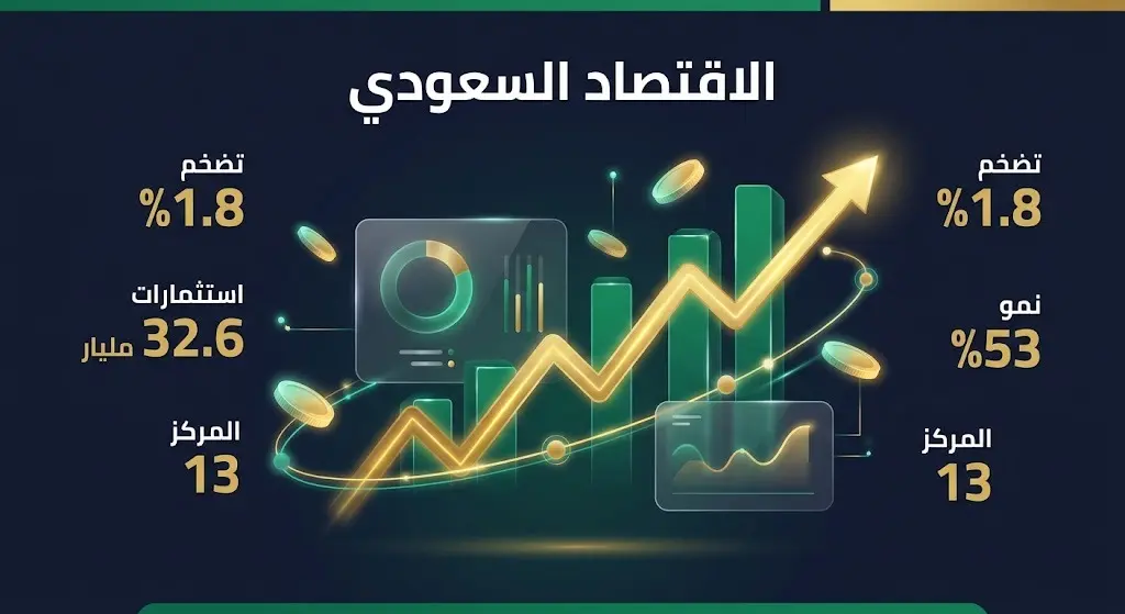 إنفوجرافيك مالي يستعرض مؤشرات الاقتصاد السعودي، يبرز استقرار التضخم عند 1.8% وتدفق الاستثمارات الأجنبية بقيمة 32.6 مليار دولار.