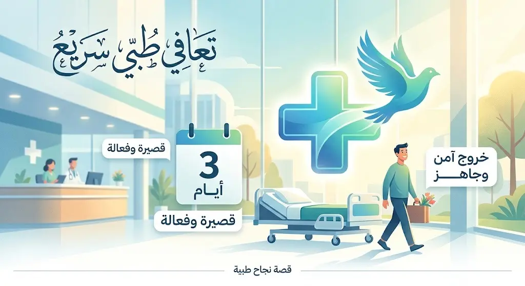 تصميم تعبيري يرمز إلى التعافي السريع ومغادرة المريضة للمستشفى خلال ثلاثة أيام بعد استقرار حالتها الصحية.