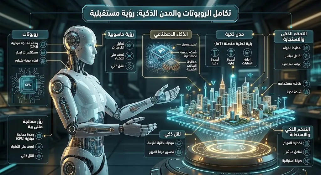 مشهد بصري مبتكر يدمج بين الروبوتات الذكية، الرقائق الإلكترونية، وتقنيات المدن الذكية المتقدمة.