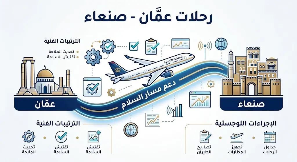 إنفوجرافيك يوضح الترتيبات الفنية واللوجستية لتسيير رحلات جوية تجارية بين عمّان وصنعاء لدعم جهود السلام.