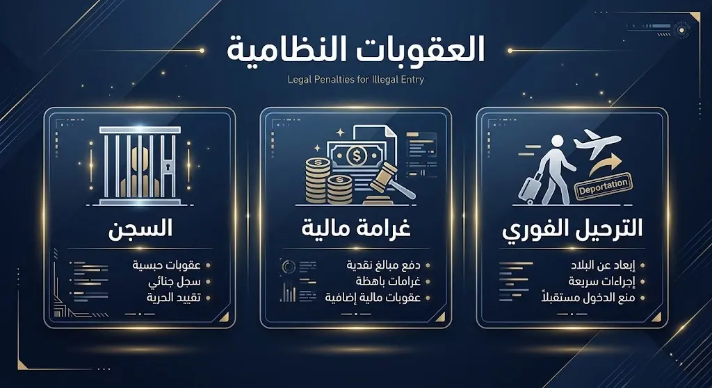 إنفوجرافيك يستعرض العقوبات الصارمة التي تطبقها الجوازات بحق مخالفي أنظمة الدخول وتتنوع لتشمل السجن والغرامة والترحيل الفوري.