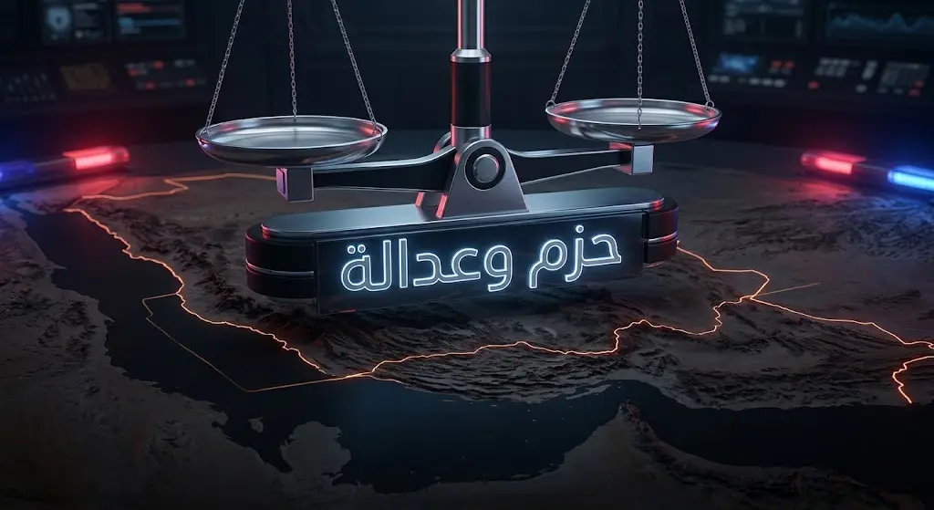 تصميم تعبيري ثلاثي الأبعاد يدمج بين ميزان العدالة والتضاريس الجبلية في إشارة لاستكمال الإجراءات القانونية