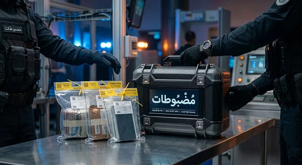 حاويات أدلة آمنة ومغلقة تمثل عملية استكمال الإجراءات النظامية لتسليم المضبوطات.