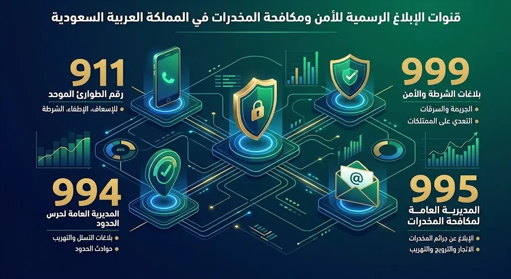 إنفوجرافيك يوضح أرقام وقنوات الإبلاغ الرسمية لمكافحة المخدرات في السعودية مع التأكيد على سرية البلاغات