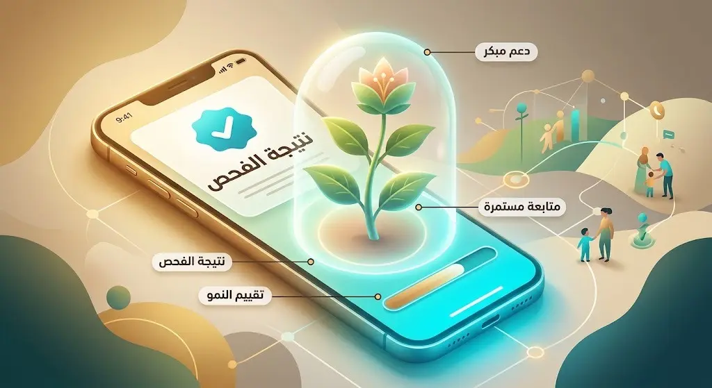 تصميم تعبيري يظهر استلام نتيجة الفحص النمائي على الهاتف الذكي مع رموز بصرية تعبر عن الرعاية والدعم المستمر لنمو الطفل.