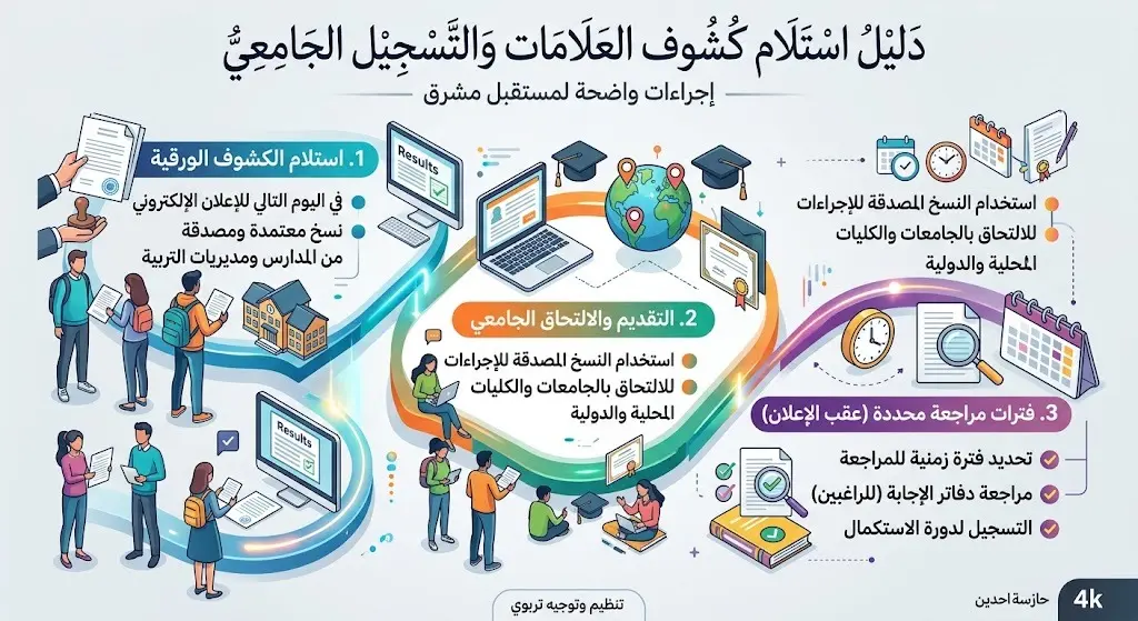 استلام كشوف العلامات وإجراءات الالتحاق بالجامعات