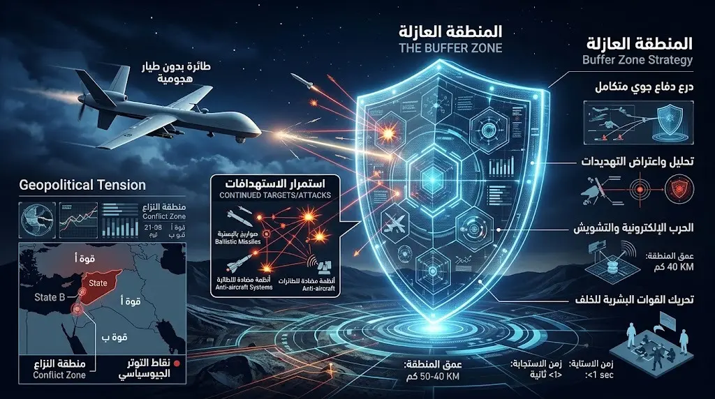 تصميم بصري يعبر عن استمرار الهجمات بالطائرات المسيرة ومساعي إنشاء منطقة عازلة أمنية للحد من الاستهدافات.