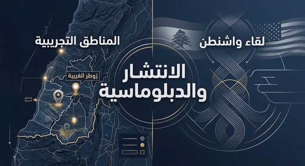 تصميم مرئي يدمج بين الخرائط الميدانية لانتشار الجيش اللبناني جنوباً والرموز الدبلوماسية التي تمثل المباحثات الدولية