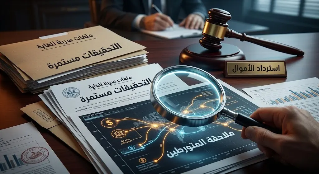 تصميم تعبيري يظهر عدسة مكبرة وملفات قانونية ومطرقة قاضٍ، في إشارة إلى استمرار عمليات التحقيق وتتبع الأموال المنهوبة.